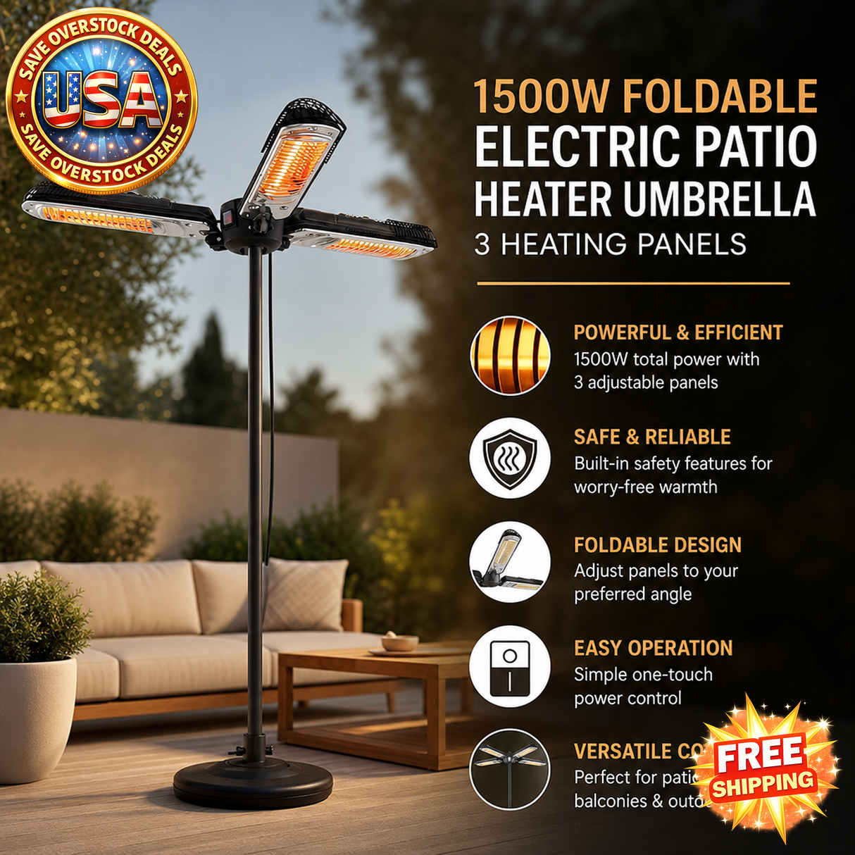 Electric Patio Heater Umbrella with 3 Heating Panels