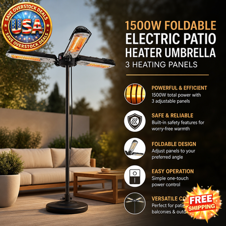 Electric Patio Heater Umbrella with 3 Heating Panels