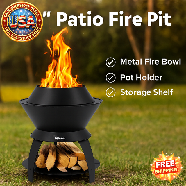 20 Inch Metal Patio Fire Pit with Pot Holder & Shelf