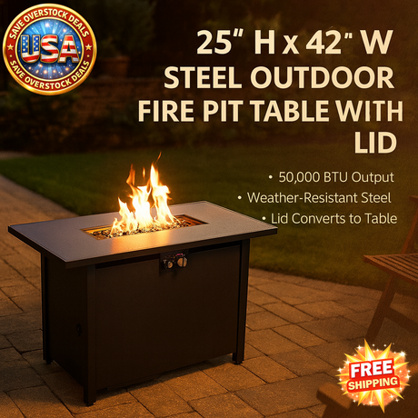 Steel Outdoor Fire Pit Table 25" H x 42" W with Lid