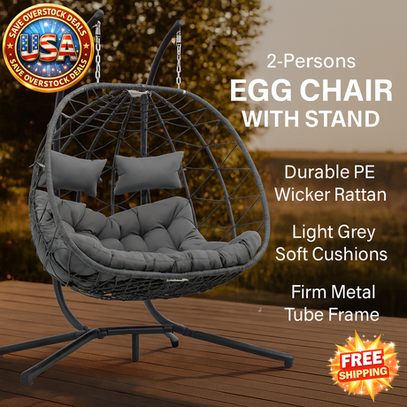 2 Person Wicker Egg Chair with Stand for Indoor Outdoor Use