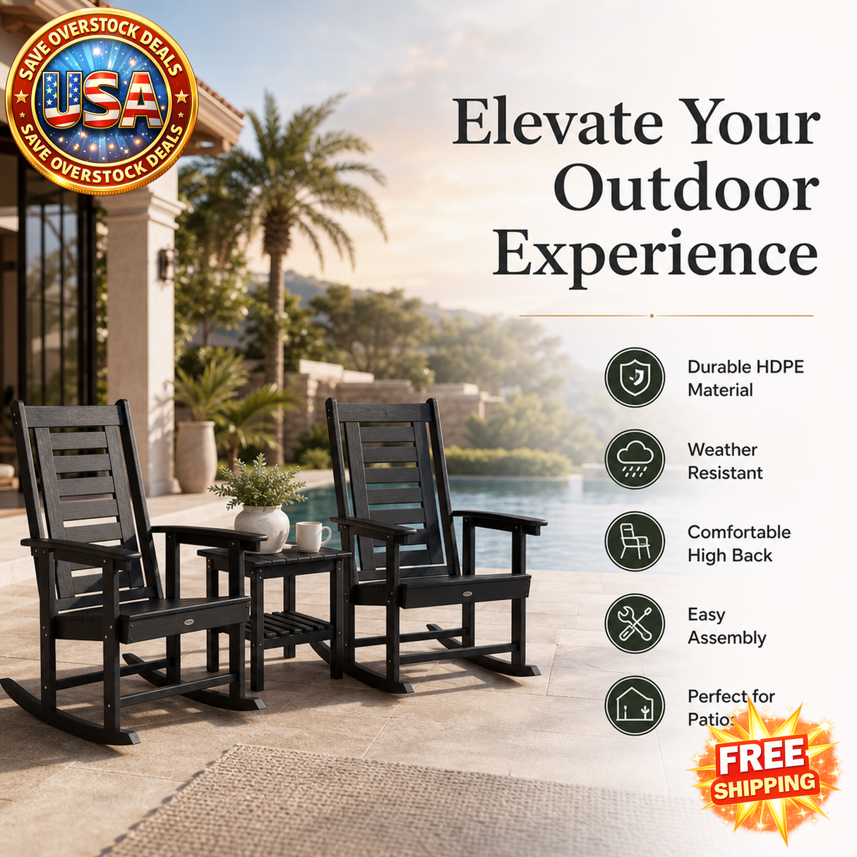 Outdoor Rocking Chairs Set, HDPE Patio Rockers, Black