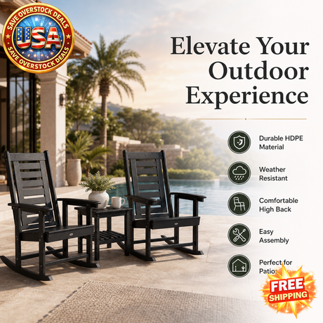 Outdoor Rocking Chairs Set, HDPE Patio Rockers, Black