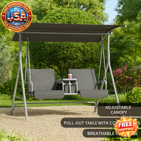2-Seater Outdoor Porch Swing with Canopy and Table