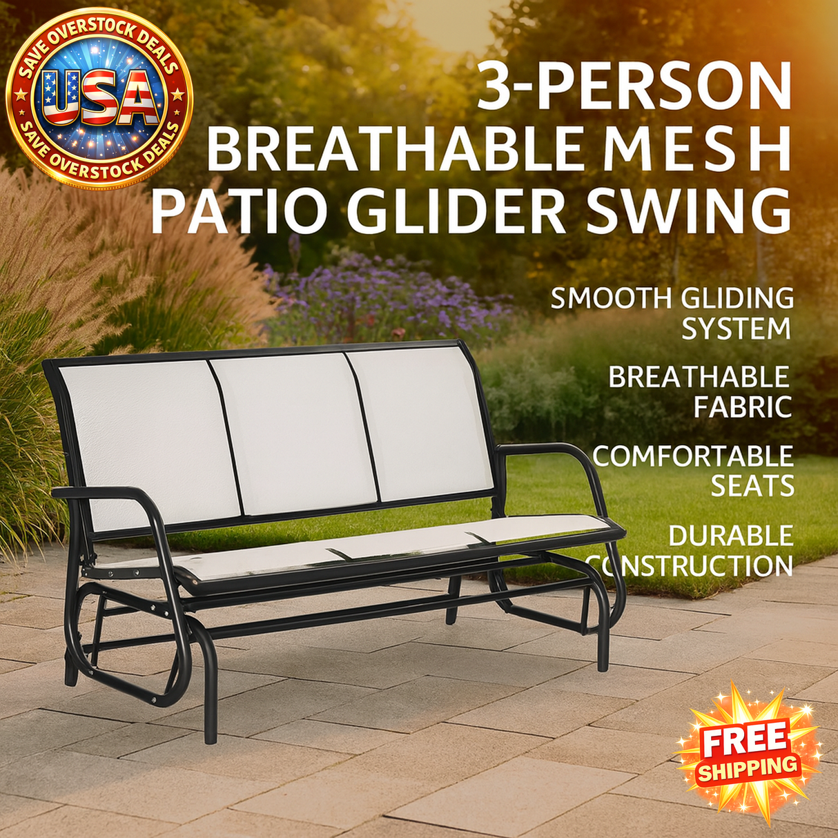3-Person Patio Glider Swing - Cream White Mesh Bench