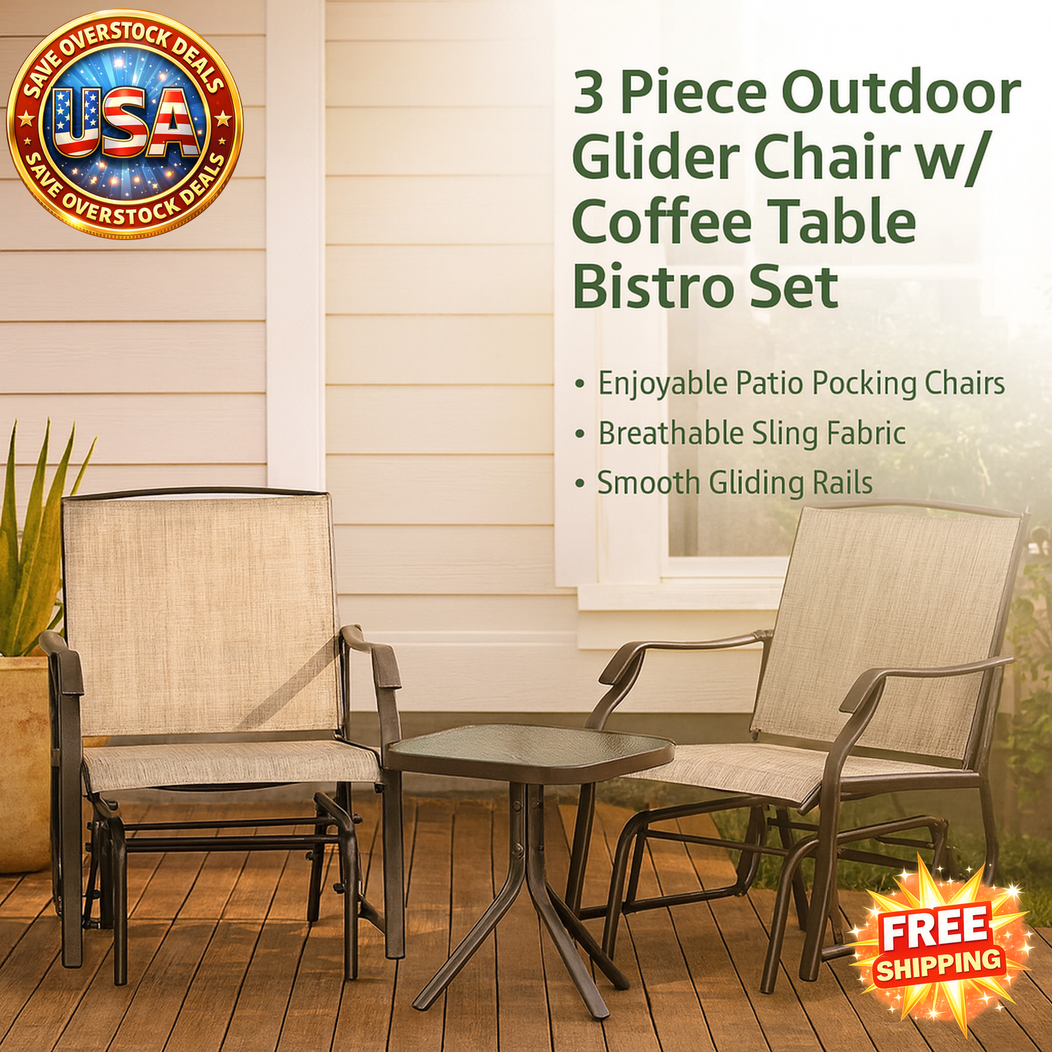 3 Piece Outdoor Glider Chair Set with Coffee Table