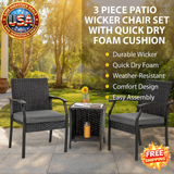 3 Piece Patio Wicker Chair Set with Quick Dry Cushions