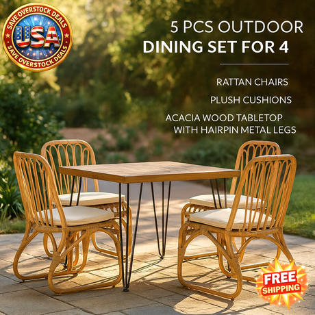 5 PCS Outdoor Dining Set with Acacia Wood Table & Rattan Chairs