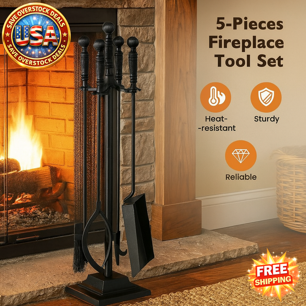 5-Piece Fireplace Tool Set for Indoor & Outdoor Use