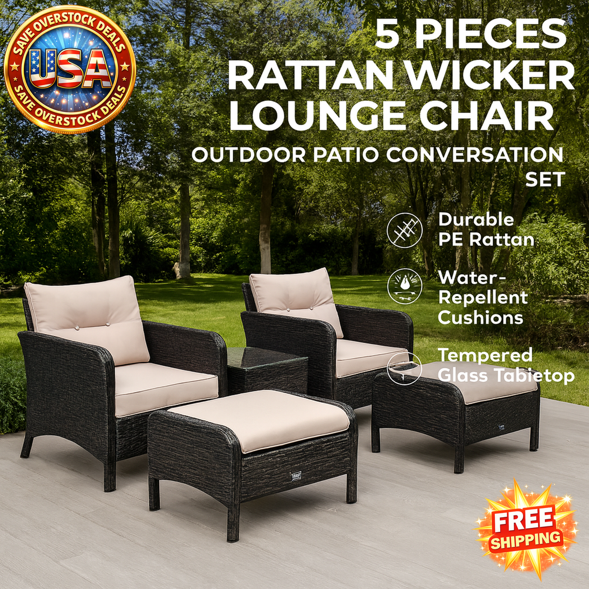 Rattan Wicker Outdoor Lounge Chair Set with Cushions