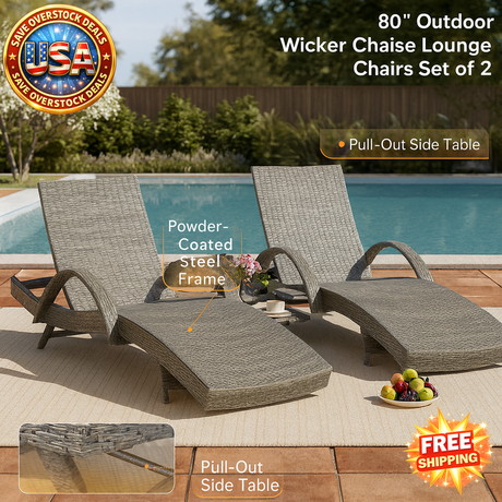 Outdoor Wicker Chaise Lounge Chairs Set of 2 for Patio