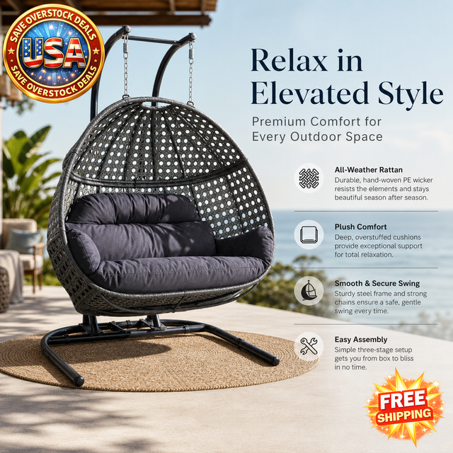 Wicker Swing Egg Chair - All-Weather Rattan Hammock, Black/Grey