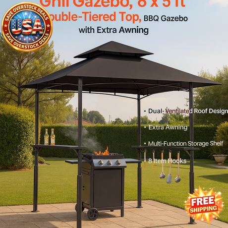 Grill Gazebo 8x5 ft Double-Tiered BBQ Canopy with Shelves