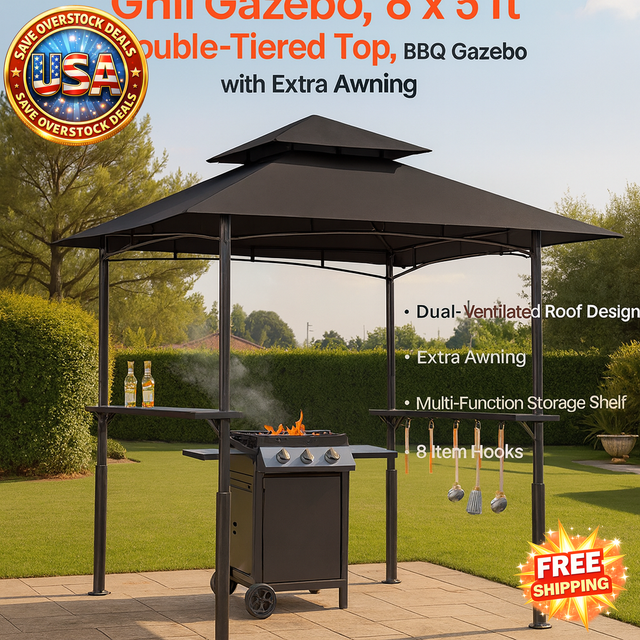 Grill Gazebo 8x5 ft Double-Tiered BBQ Canopy with Shelves