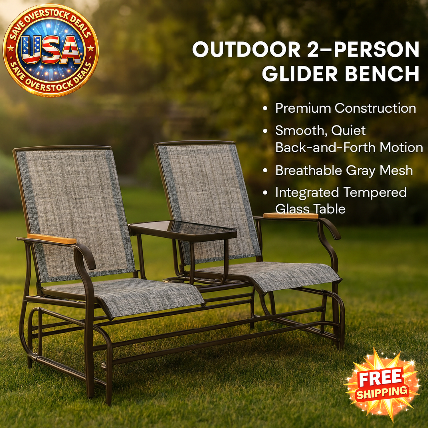 Outdoor 2-Person Glider Bench with Steel Frame and Table