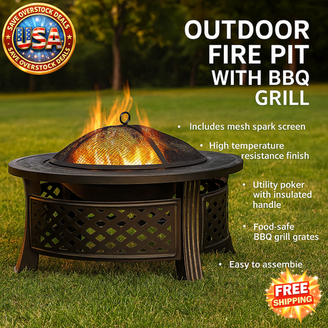 Outdoor Fire Pit with BBQ Grill and High-temp Finish