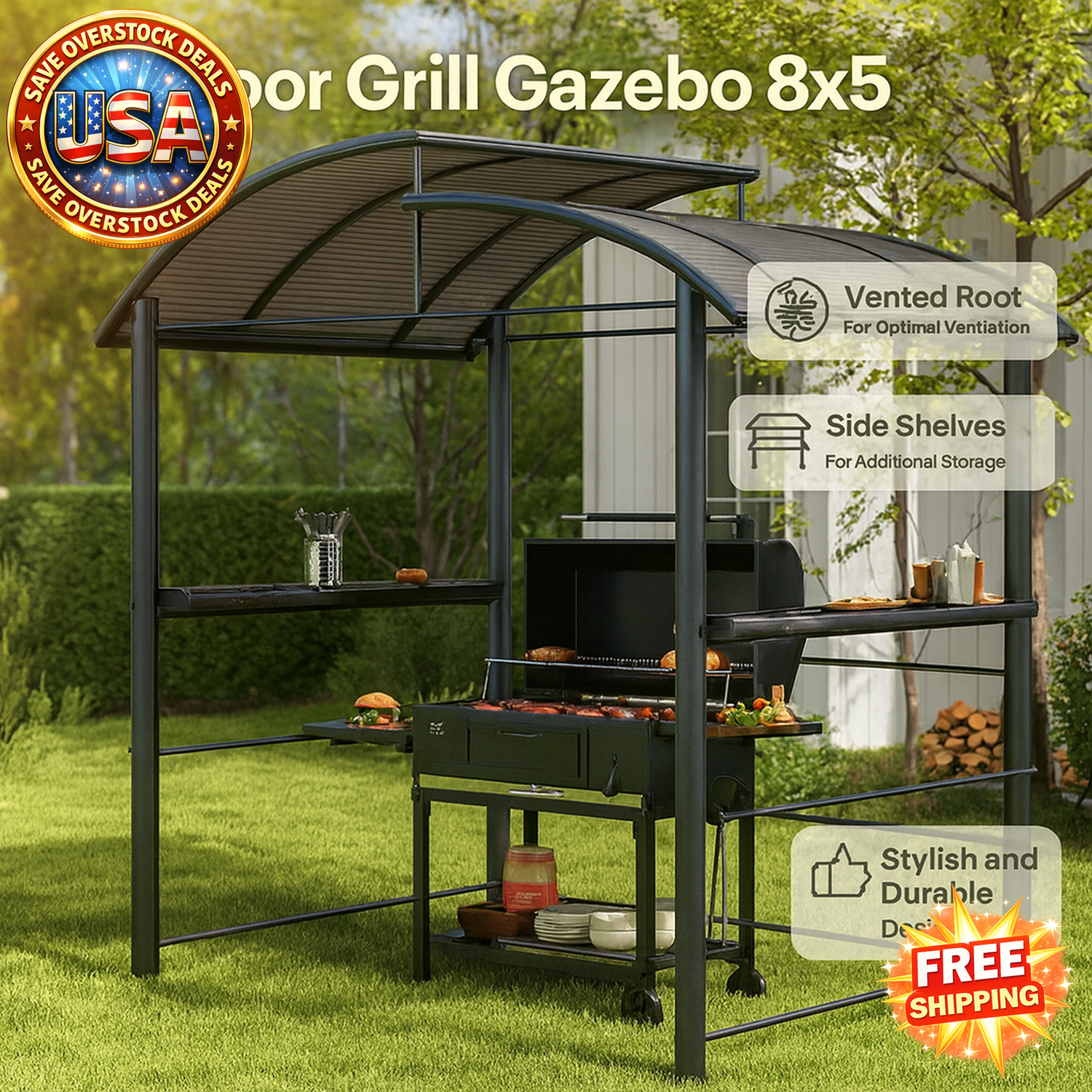 Outdoor Grill Gazebo 8x5 with Canopy and Side Shelves