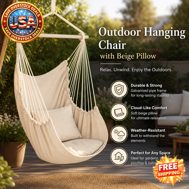 Outdoor Hanging Chair with Beige Pillow for Relaxation