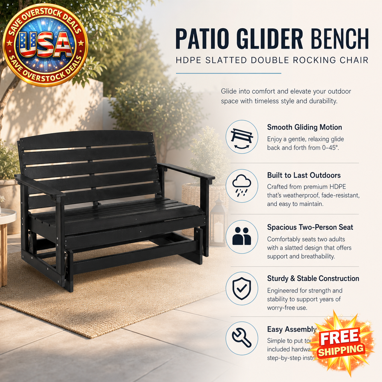Patio Glider Bench HDPE Double Rocking Chair in Black