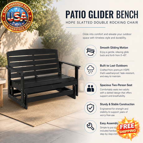 Patio Glider Bench HDPE Double Rocking Chair in Black
