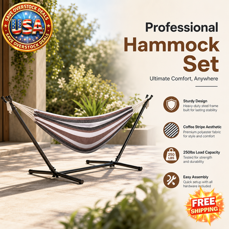 Black & Silver Flowers Hammock Stand with Coffee Stripe Hammock
