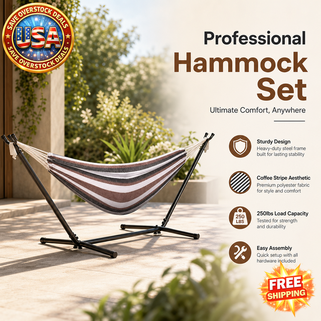 Black & Silver Flowers Hammock Stand with Coffee Stripe Hammock