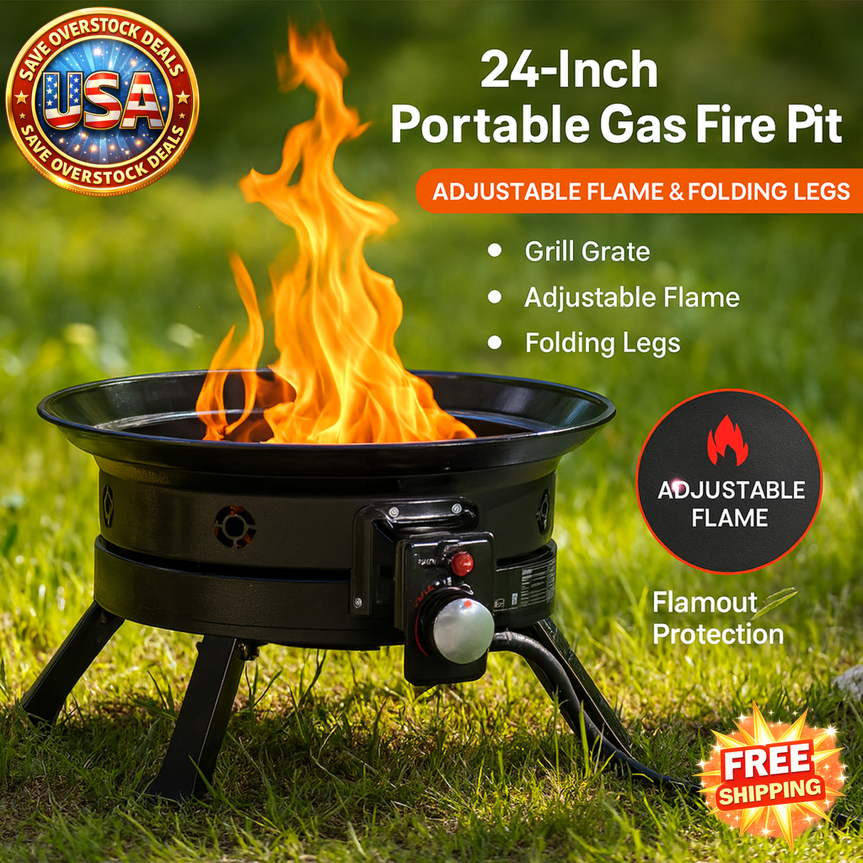 Portable 24-Inch Propane Fire Pit with Adjustable Flame