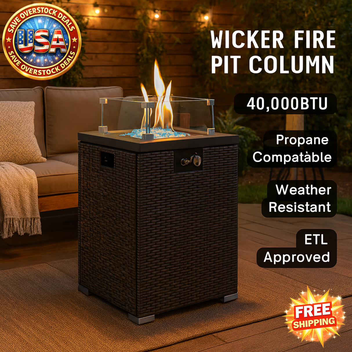 Wicker Fire Pit Column with Glass Wind Guard for Outdoors