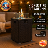 Wicker Fire Pit Column with Glass Wind Guard for Outdoors
