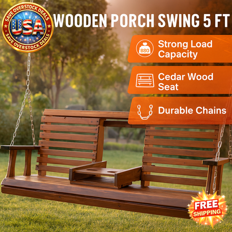 Wooden Porch Swing 5 ft, Heavy Duty Outdoor Bench