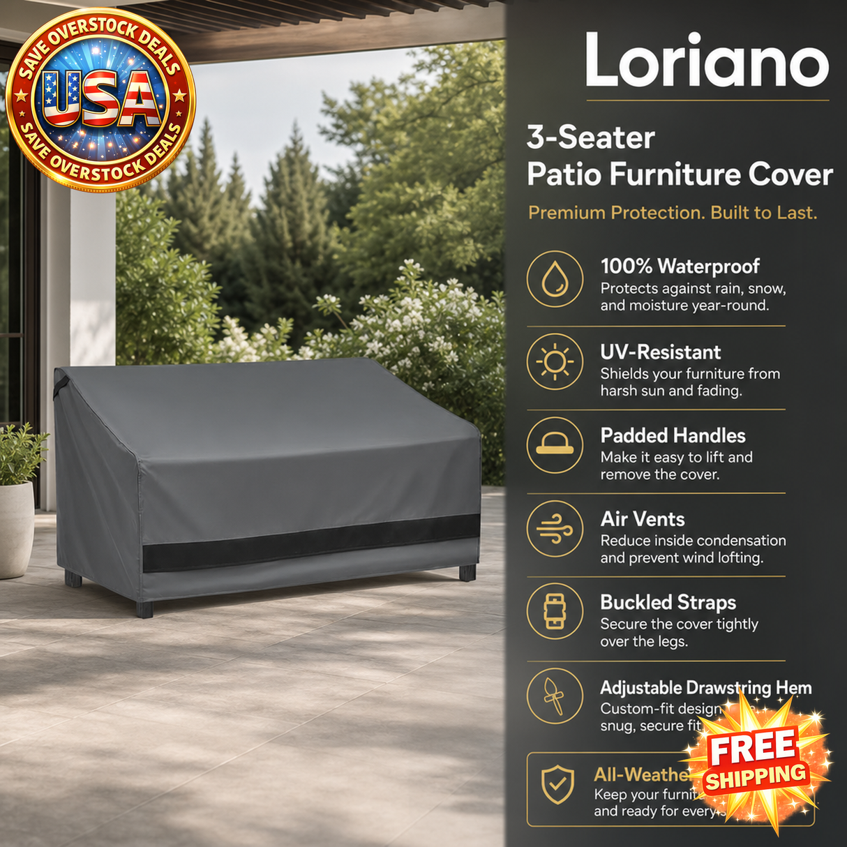 3-Seater Patio Furniture Cover, 100% Waterproof