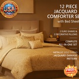 12 Piece Jacquard Comforter Cozy Bed Sheet Set with Gold Damask Design