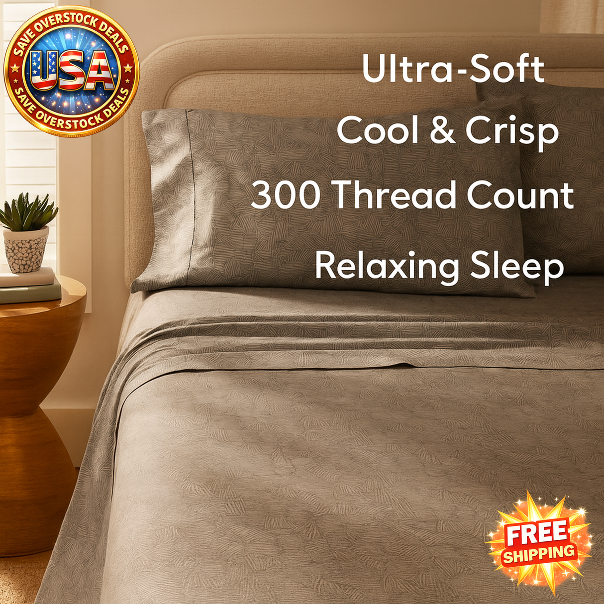 300 Thread Count Cotton Percale Grey Cozy Bed Sheet Set, Full