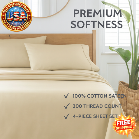 300 Thread Count Almond Biscuit Cotton Sateen Bed Sheet Set