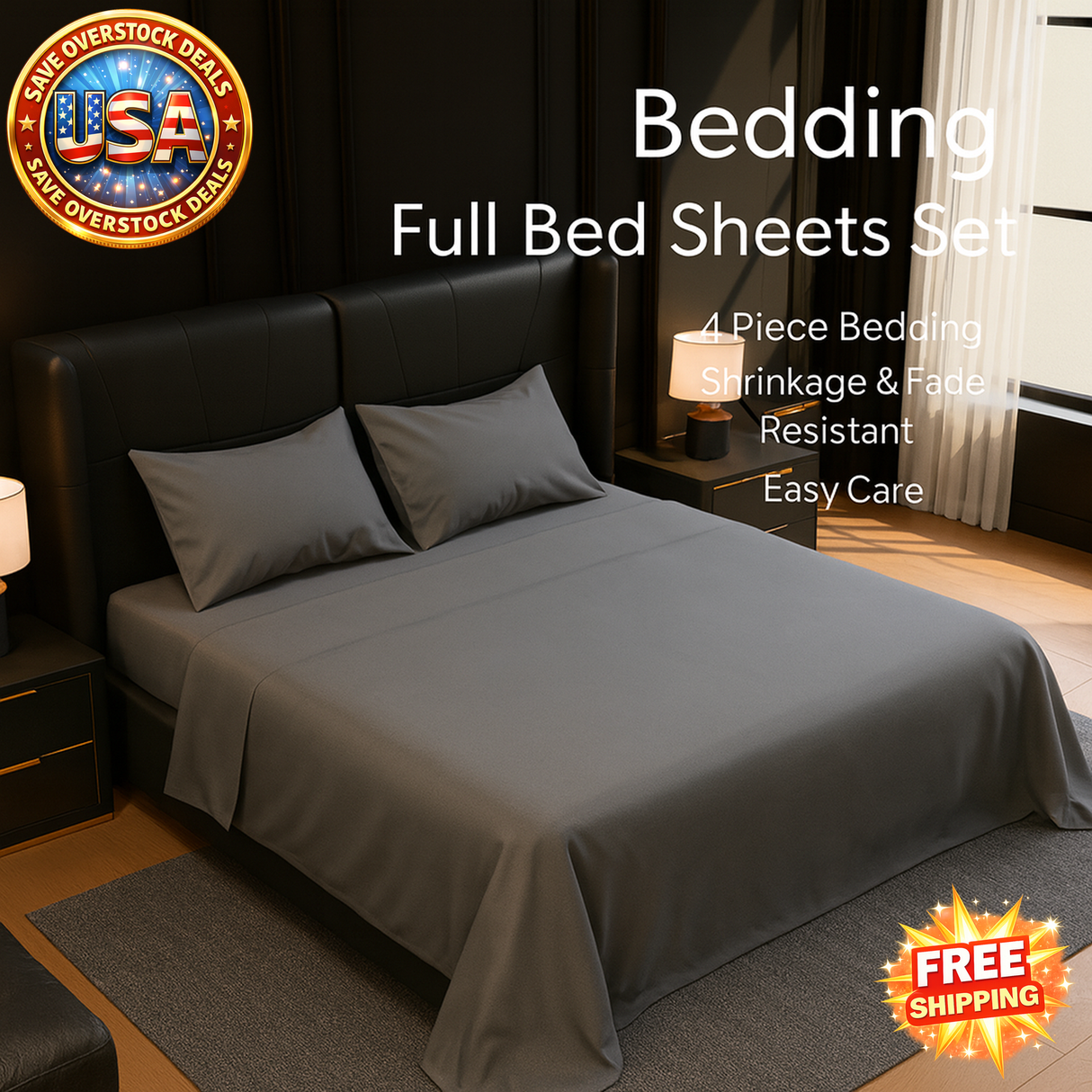 Full Bed Sheets Set - 4 Piece Microfiber Bedding, Grey