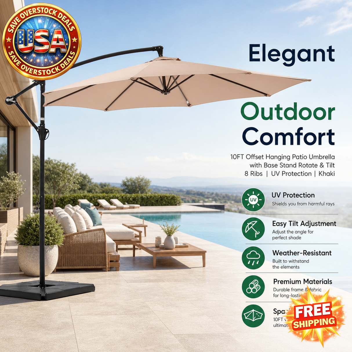 10ft Offset Patio Umbrella with Base, UV Protection, Khaki