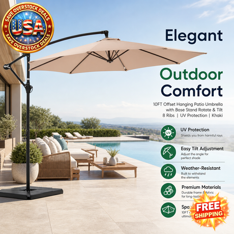 10ft Offset Patio Umbrella with Base, UV Protection, Khaki