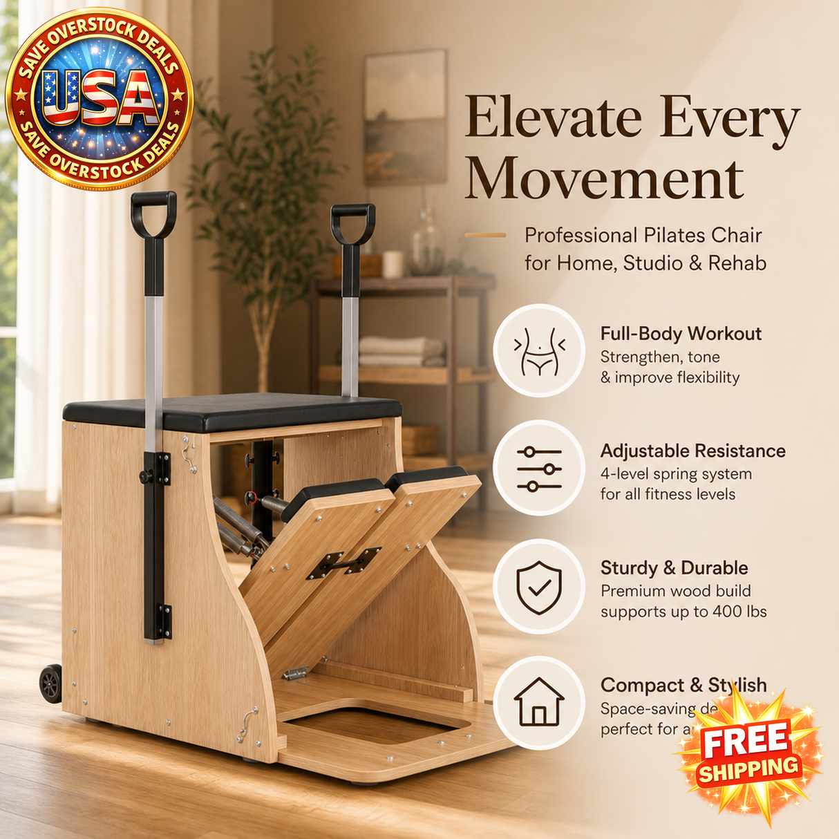 Pilates Wunda Chair Combo with Handles for Core Training