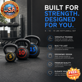 3 Piece Kettlebell Weight Set - 5, 10, 15lbs for Home Use