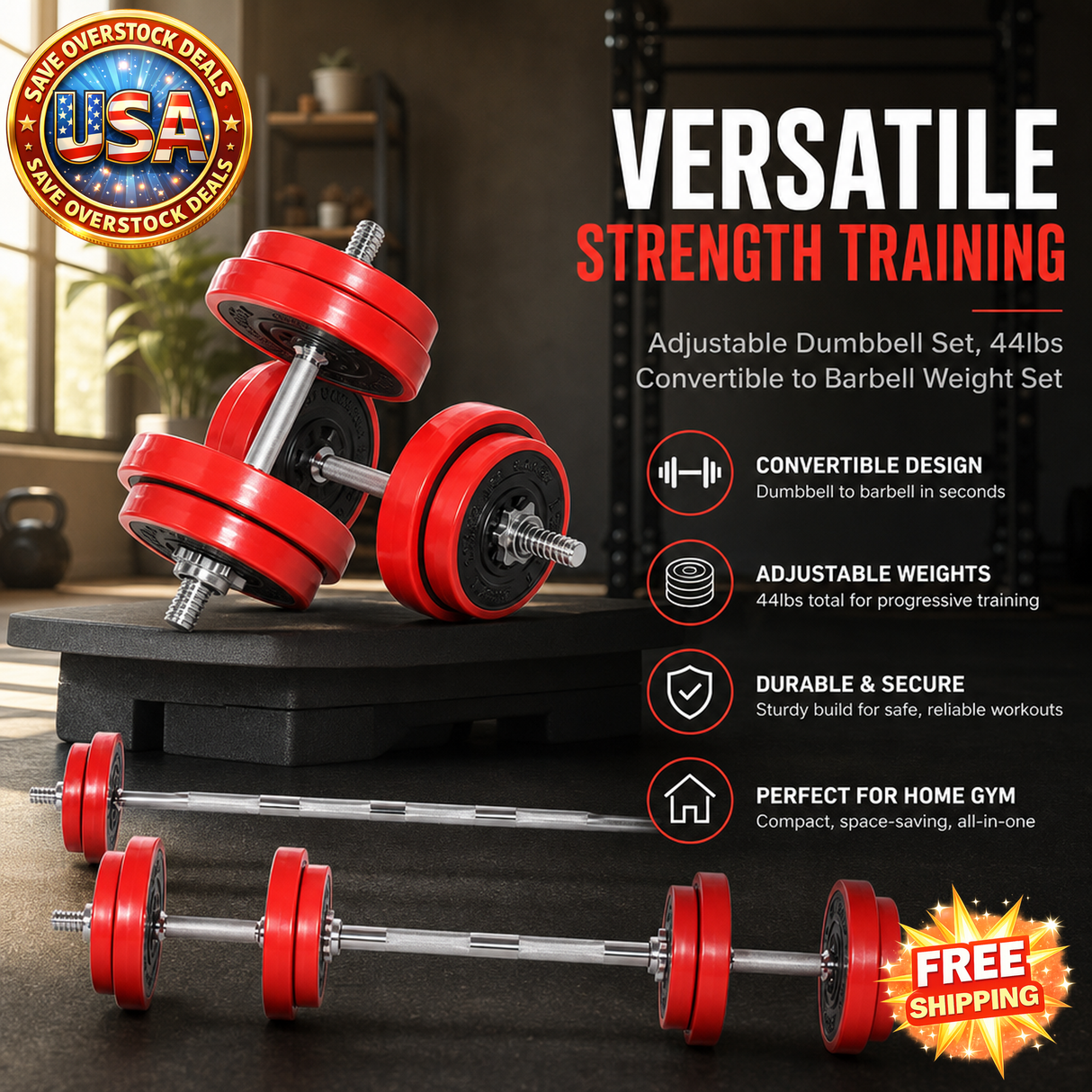 Adjustable Dumbbell Set 44lbs Convertible Barbell Weight