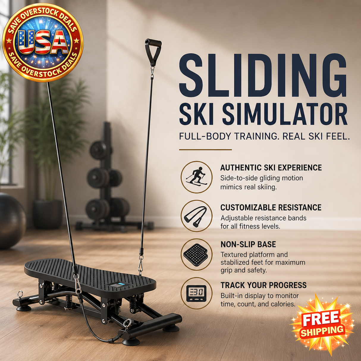 Sliding Ski Simulator with Resistance Bands for Home Gym