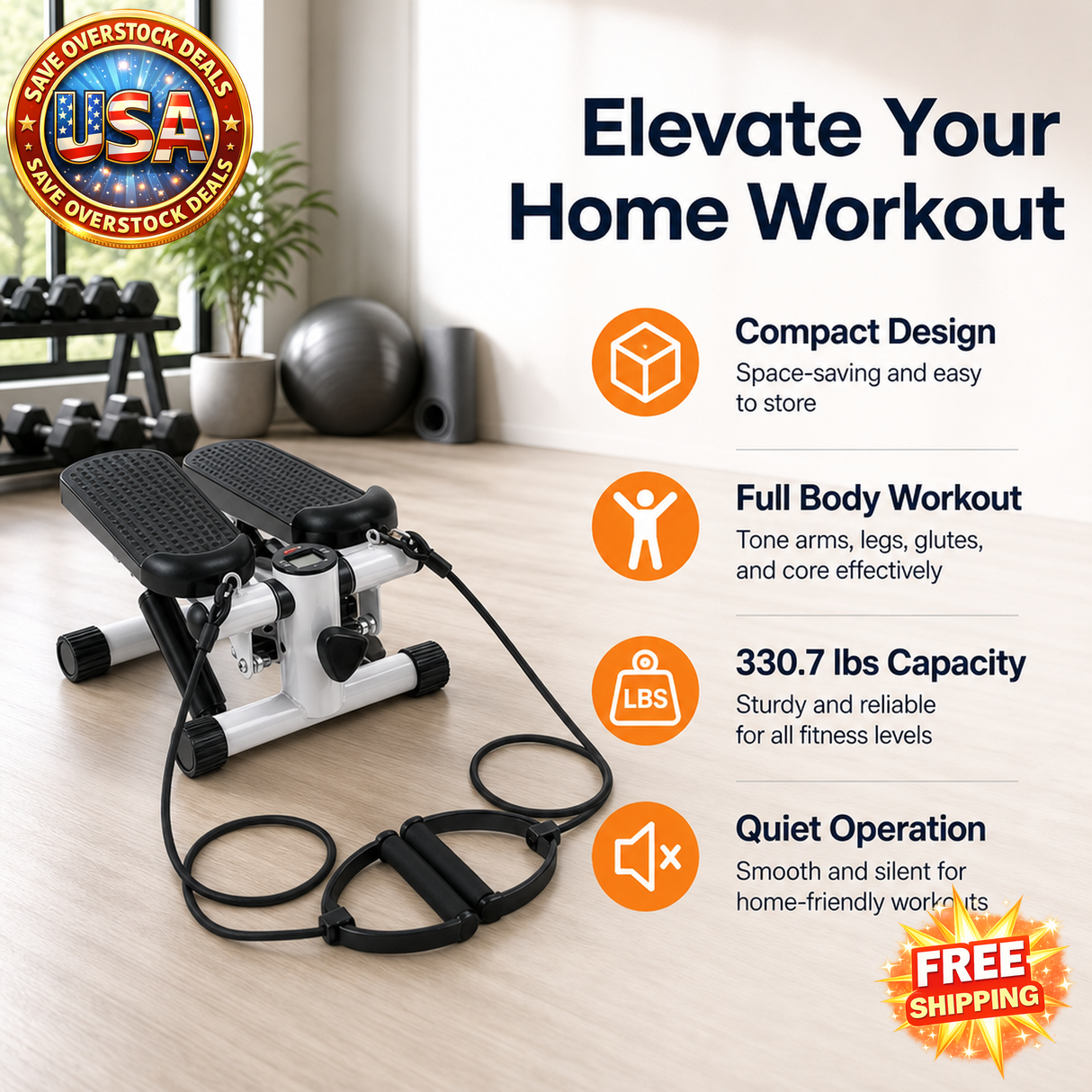 Mini Fitness Stepper with Resistance Bands and LCD Monitor