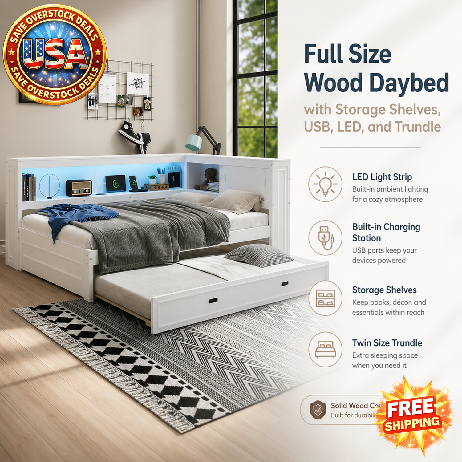 Full Size Wood Daybed with Trundle, USB, LED, White