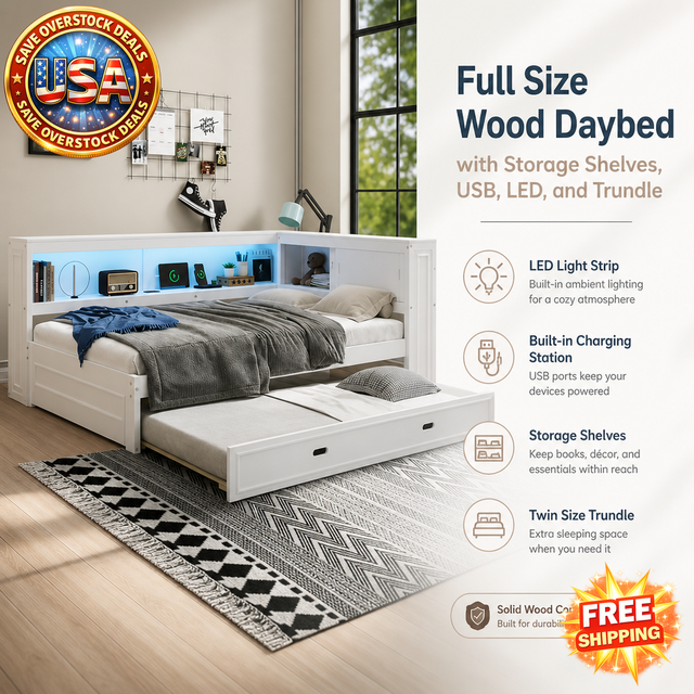 Full Size Wood Daybed with Trundle, USB, LED, White