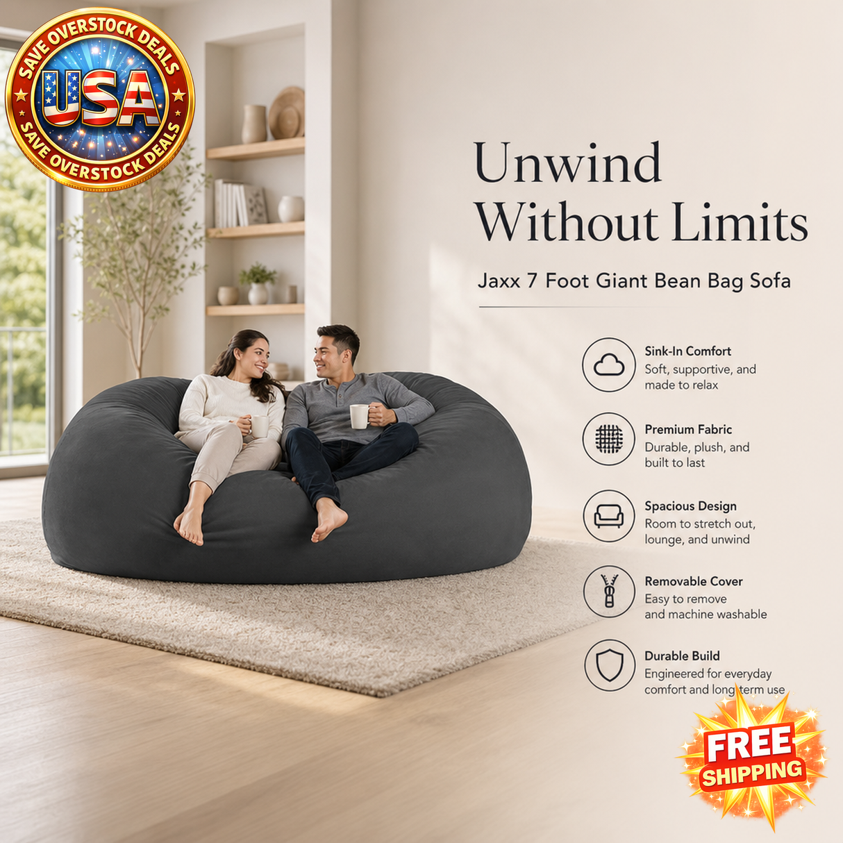 Jaxx 7 Foot Giant Bean Bag Sofa in Charcoal Color