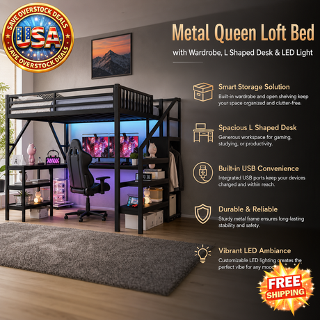 Metal Queen Loft Bed with Desk, Wardrobe & LED Light