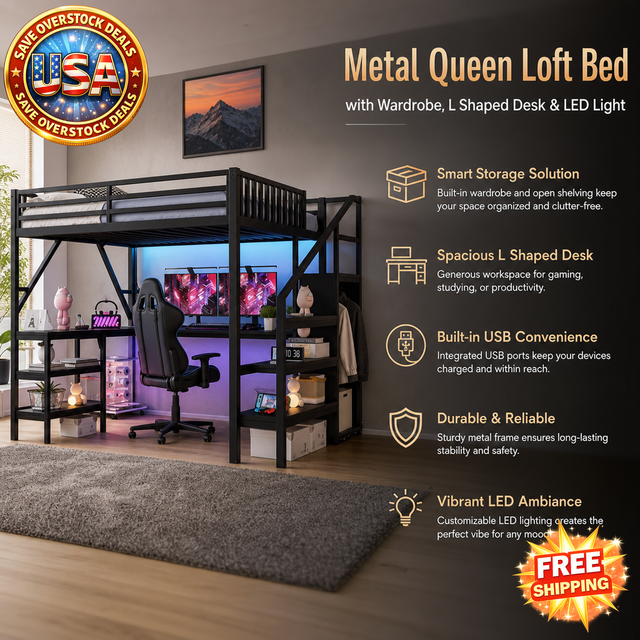 Metal Queen Loft Bed with Desk, Wardrobe & LED Light