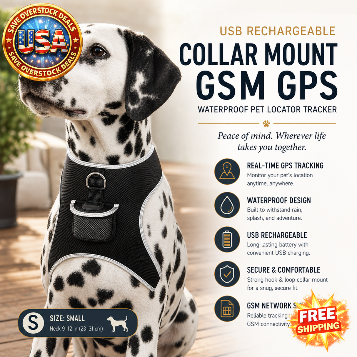 USB Rechargeable GPS Pet Locator Tracker - Waterproof, Size S