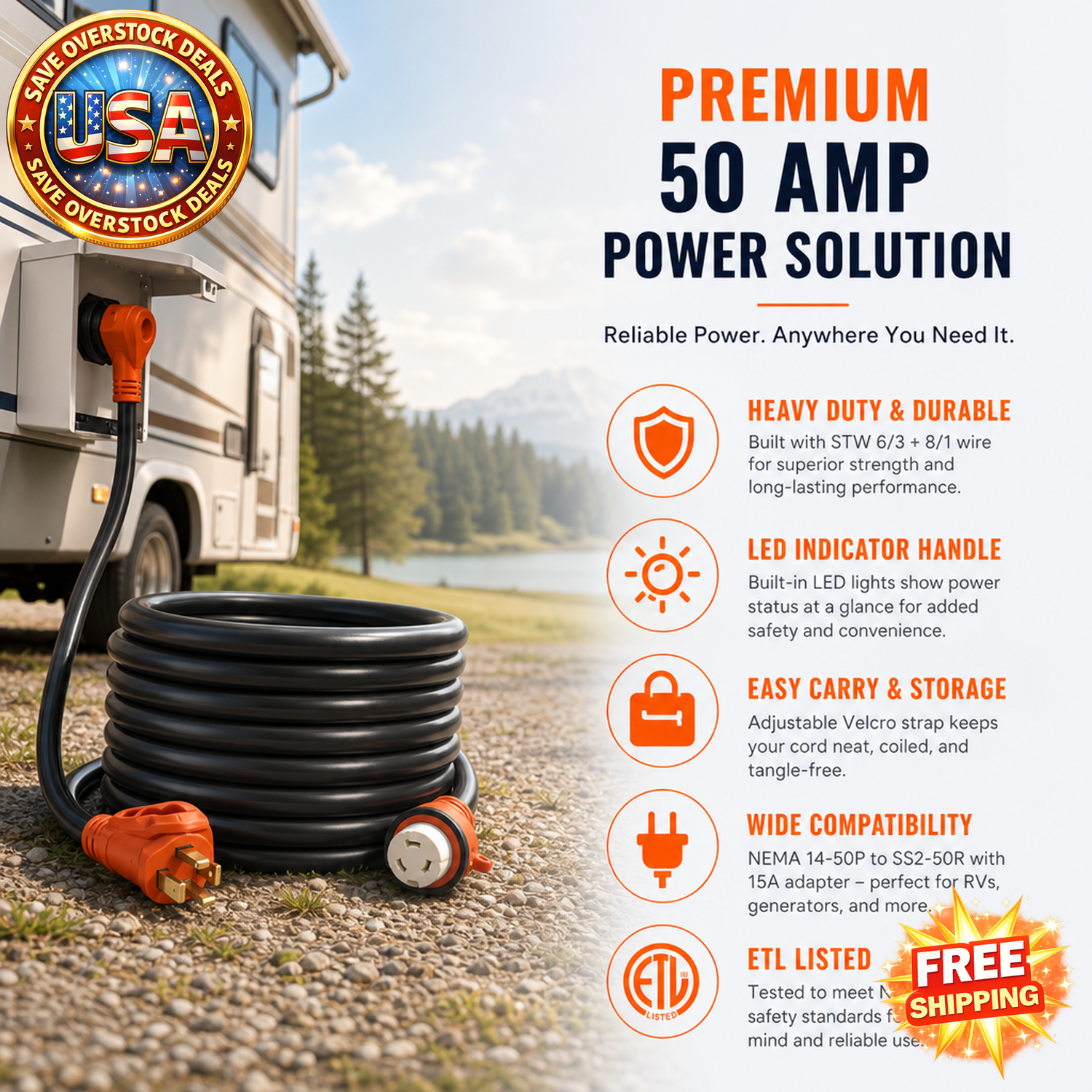 30 Feet RV Power Cord, 50 Amp Heavy Duty with LED Indicator