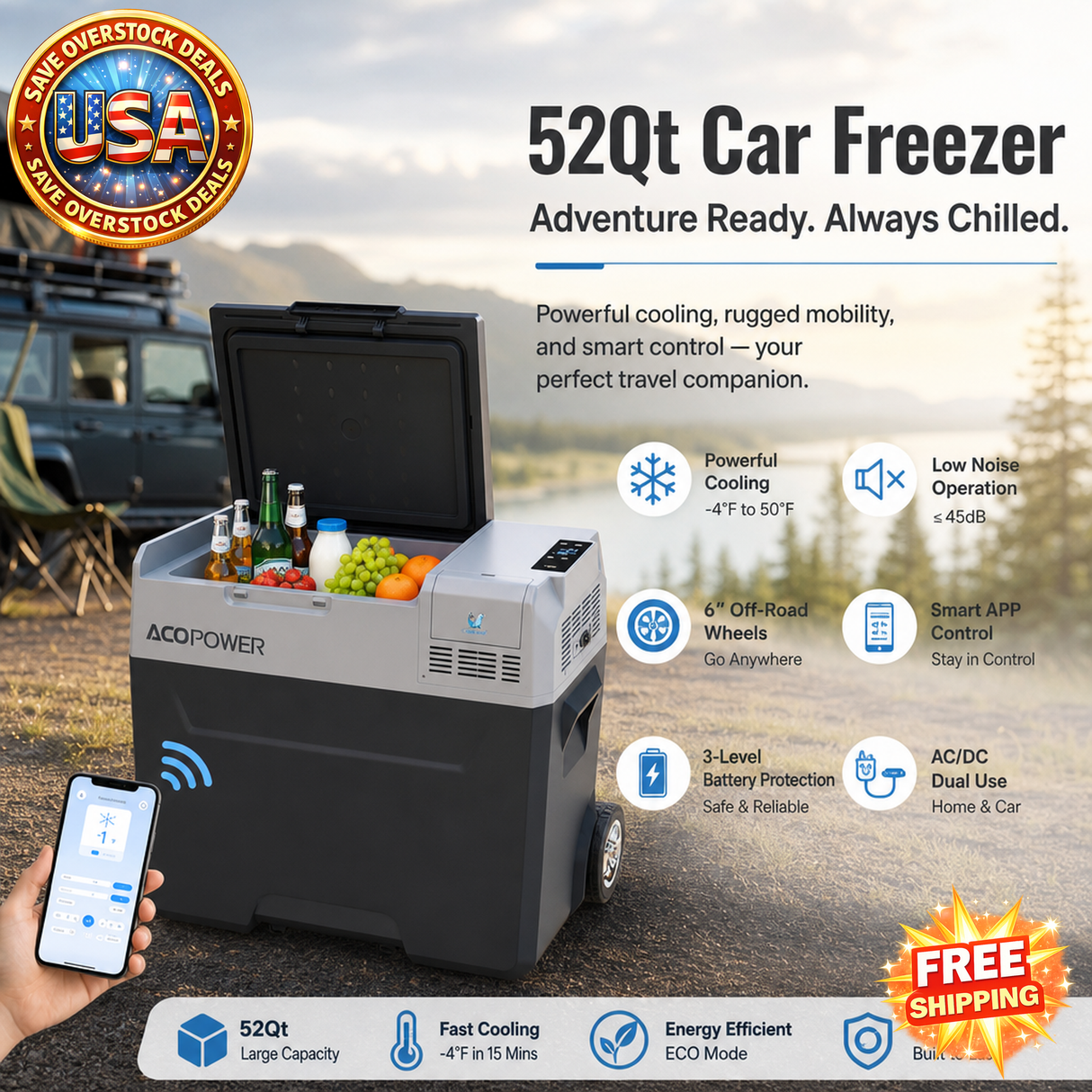 52Qt Portable Car Freezer with APP Control and Wheels